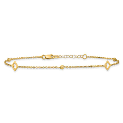 14K Yellow Gold Polished Cut-out Hearts and Diamond-cut Beads 9 Inch Plus 1 Inch Extender - Total 10 Inch Anklet