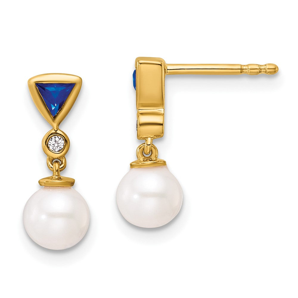 14K Yellow Gold Round Freshwater Cultured Pearl/.02 carat Diamond/Trillion Sapphire Dangle Post Earrings