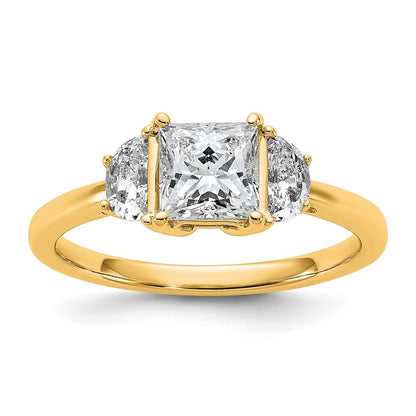 14K Yellow Gold 3/8 carat Lab Grown Diamond VS/SI+ G+ Half Moon 1 carat Princess Center Semi Mount Three Stone Engagement Ring