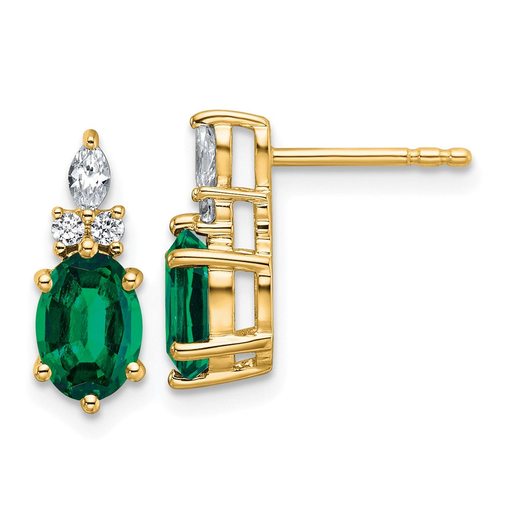 14K Yellow Gold Diamond and 7x5 Oval May/Lab Created Emerald Post Earrings