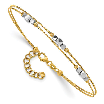 14K Two-Tone Gold Polished Diamond-cut Double Strand Beaded 7 Inch Bracelet with 1 Inch Extension