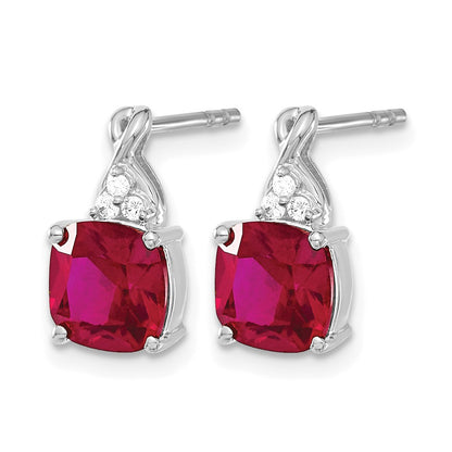 14K White Gold 7mm Cushion Checkerboard July/Lab Created Ruby and Diamond Post Earrings