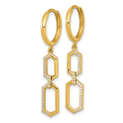 14K Yellow Gold Polished CZ Hexagon Dangle Round Hinged Hoop Earrings