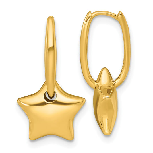 14K Yellow Gold Polished Dangle Puffed Star Hinged Hoop Earrings