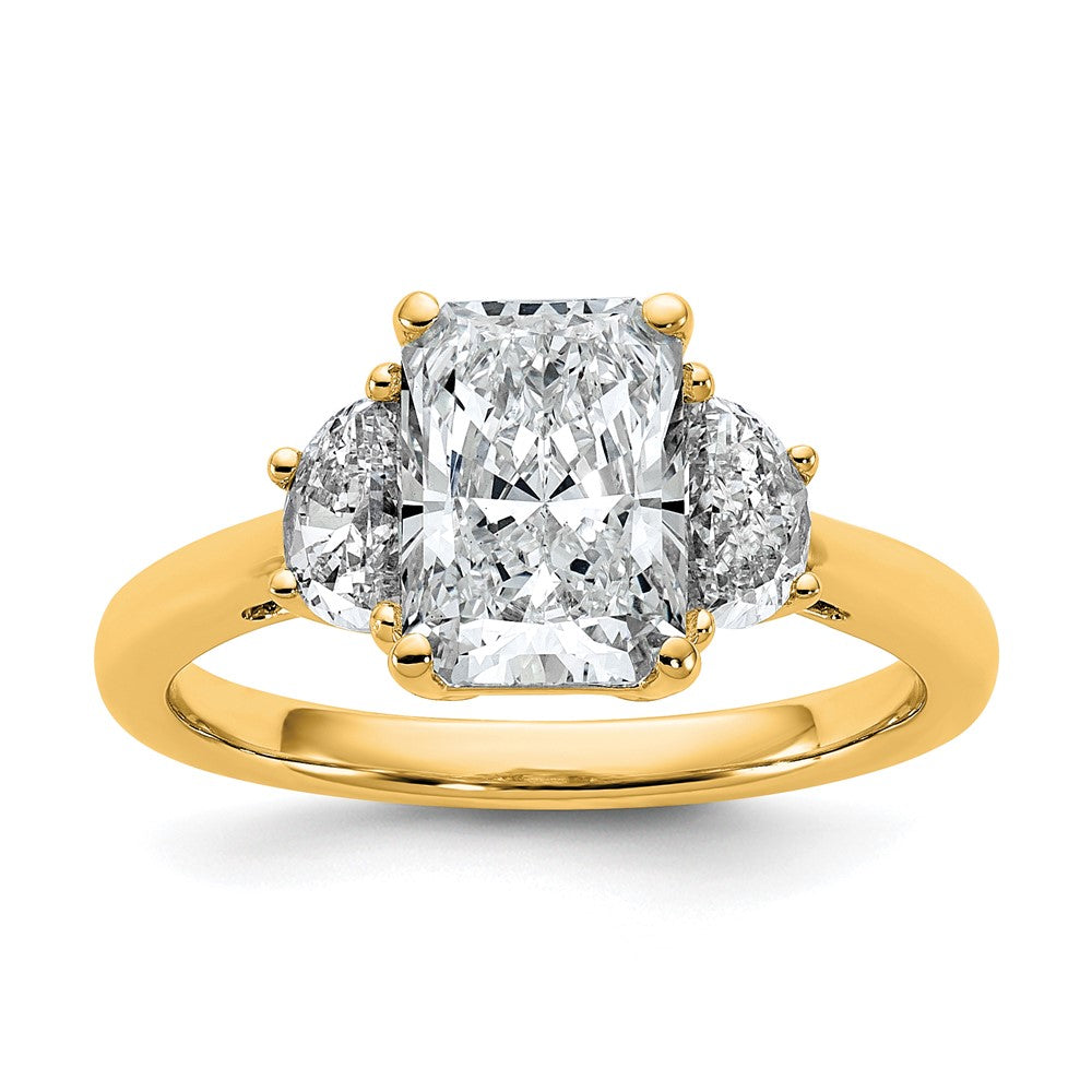 14K Yellow Gold 2 1/2 carat Certified Lab Grown Diamond VS/SI+ G+ Radiant and Half Moon Complete Three Stone Engagement Ring