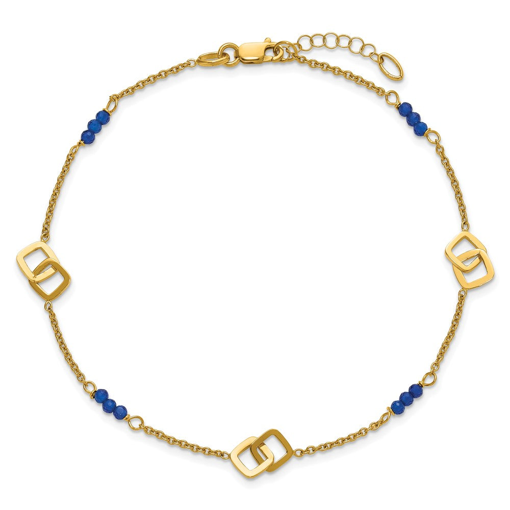 14K Yellow Gold Polished Blue Spinel Beads and Squares 9 Inch Plus 1 Inch Extender - Total 10 Inch Anklet