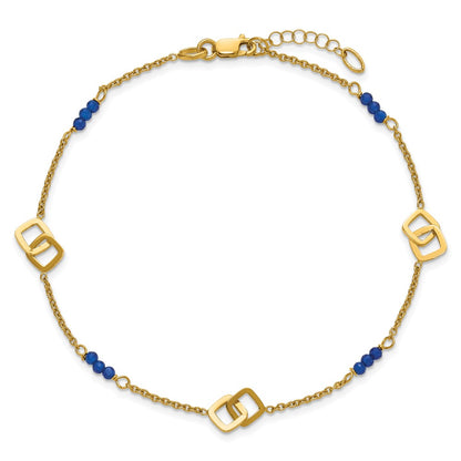 14K Yellow Gold Polished Blue Spinel Beads and Squares 9 Inch Plus 1 Inch Extender - Total 10 Inch Anklet