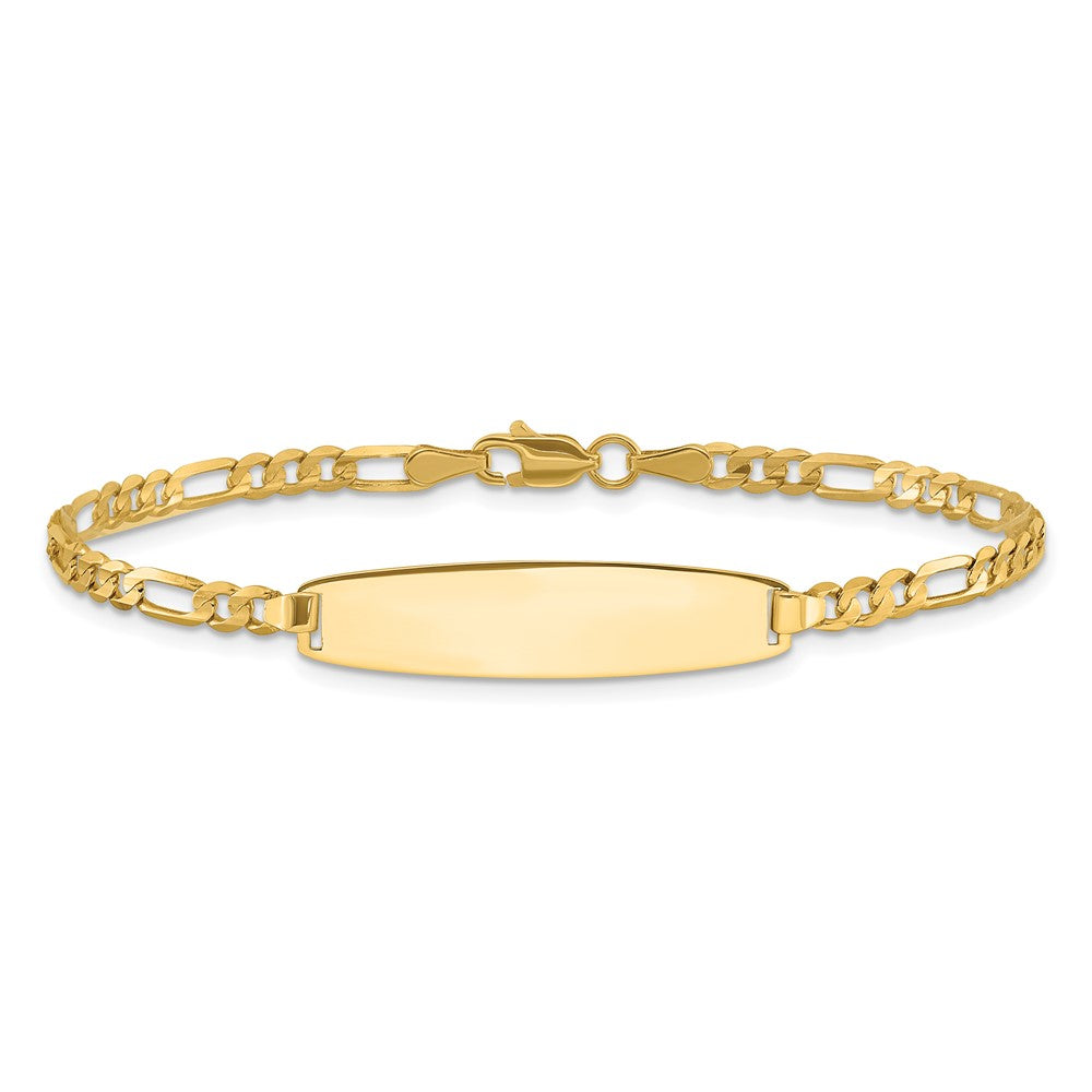 14K Yellow Gold Polished Solid Chain/Solid Plate 3.0mm Figaro Link 25.5x7.3mm Plate 8 Inch ID Bracelet