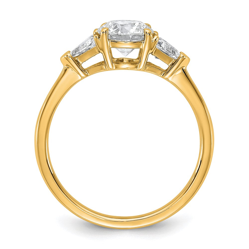 14K Yellow Gold 1/2 carat Lab Grown Diamond VS+ F+ Triangle 1 carat Round Semi Mount Three Stone Engagement Ring