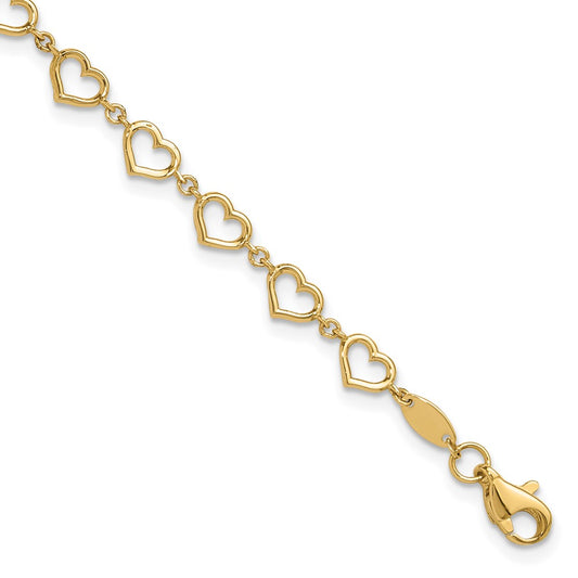 14K Yellow Gold Polished Open Heart Link 7.5 Inch Bracelet