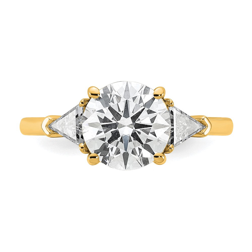 14K Yellow Gold 1/2 carat Lab Grown Diamond VS/SI+ G+ Triangle 2 carat Round Semi Mount Three Stone Engagement Ring