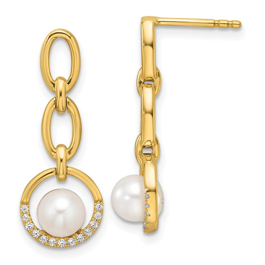 14K Yellow Gold Polished 1/10 carat Diamond and Freshwater Cultured Pearl Open Circle Dangle Post Earrings