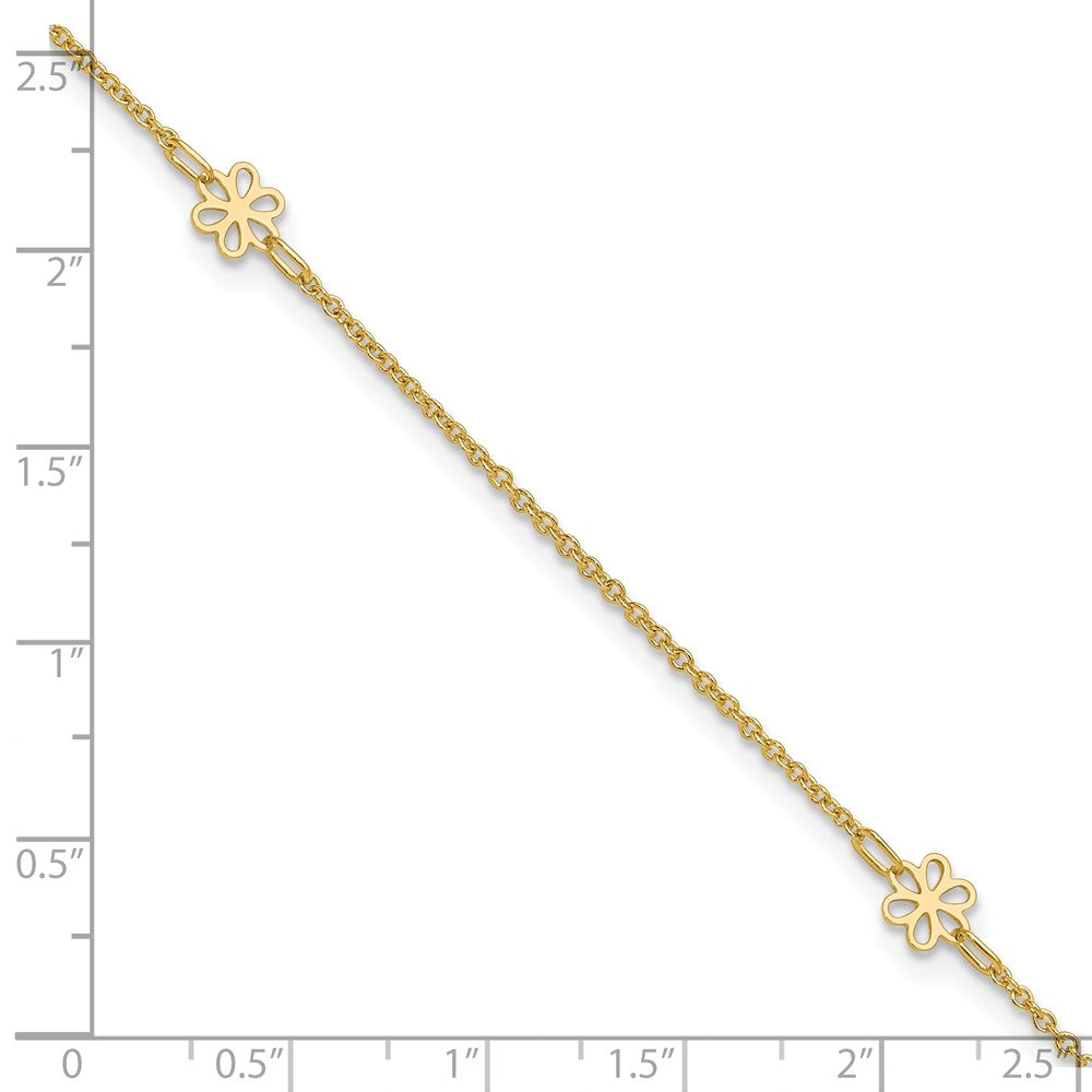 14K Yellow Gold Flowers 3-Station with Flower Dangle 10 Inch Plus 1 Inch Extender - Total 11 Inch Anklet