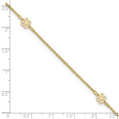 14K Yellow Gold Flowers 3-Station with Flower Dangle 10 Inch Plus 1 Inch Extender - Total 11 Inch Anklet