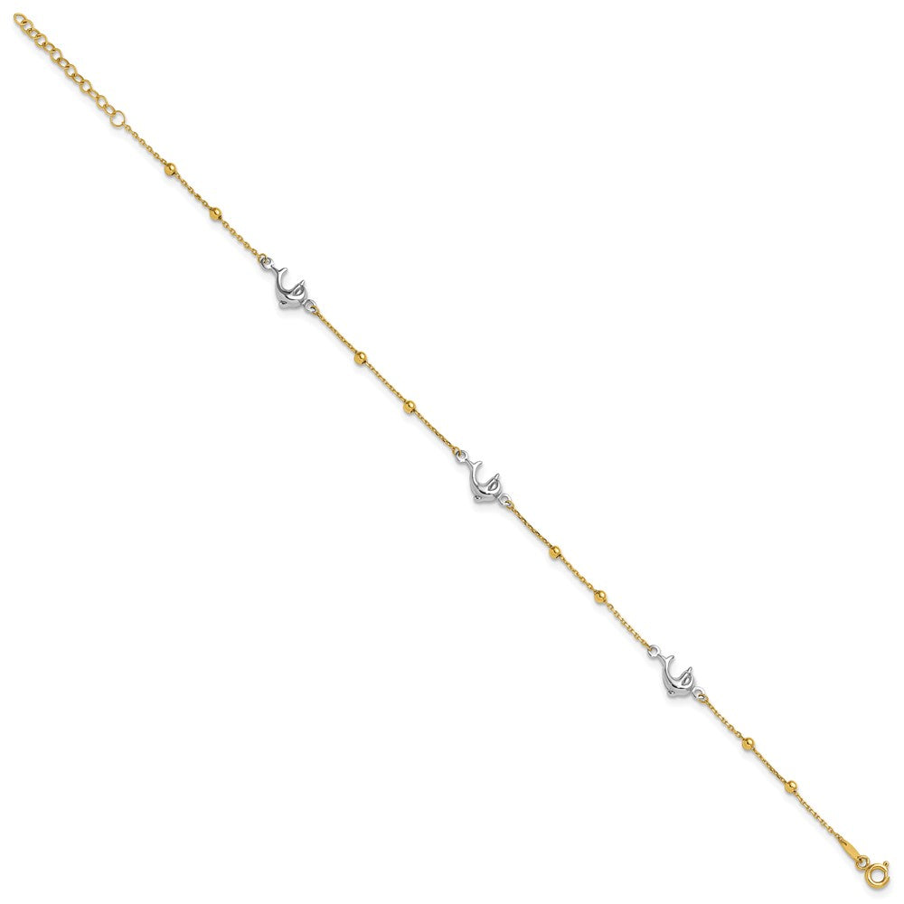 14K Two-Tone Gold Two-tone Beads and Three Dolphins 9 Inch Plus 1 Inch Extender - Total 10 Inch Anklet