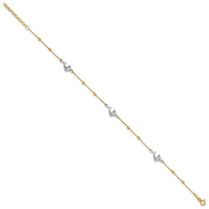 14K Two-Tone Gold Two-tone Beads and Three Dolphins 9 Inch Plus 1 Inch Extender - Total 10 Inch Anklet