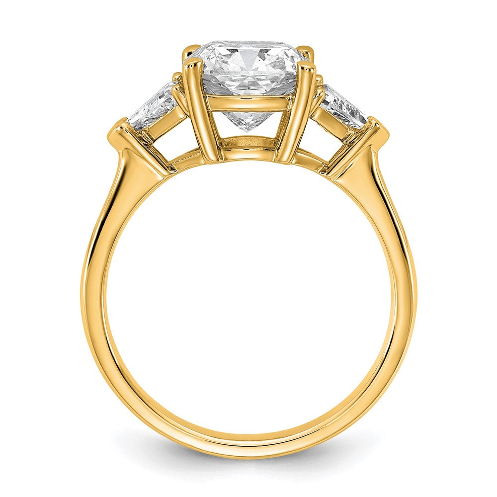 14K Yellow Gold 3 1/8 carat Certified Lab Grown Diamond VS+ F+ Cushion and Triangle Complete Three Stone Engagement Ring