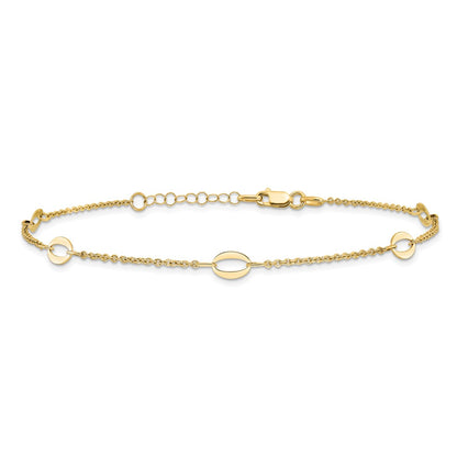 14K Yellow Gold Oval Links 5-Station 9 Inch Plus 1 Inch Extender - Total 10 Inch Anklet