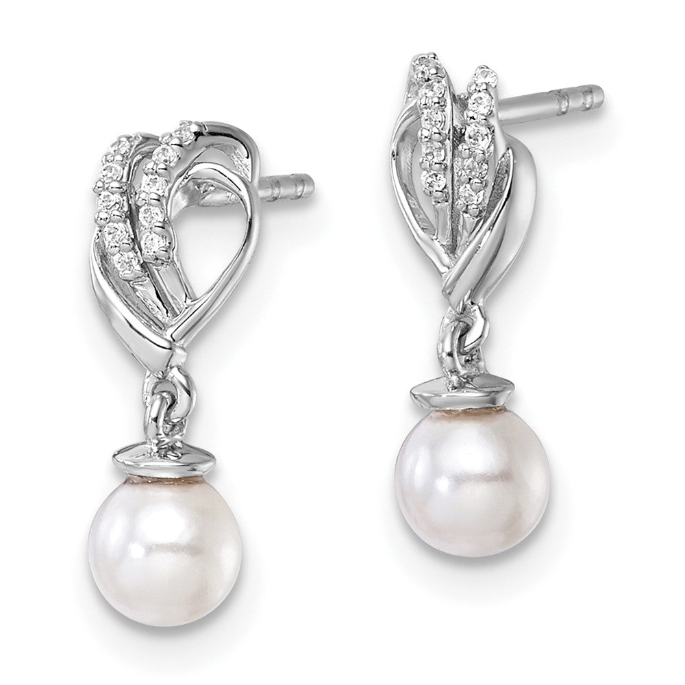 14K White Gold Polished 1/15 carat Diamond and White Freshwater Cultured Pearl Dangle Post Earrings