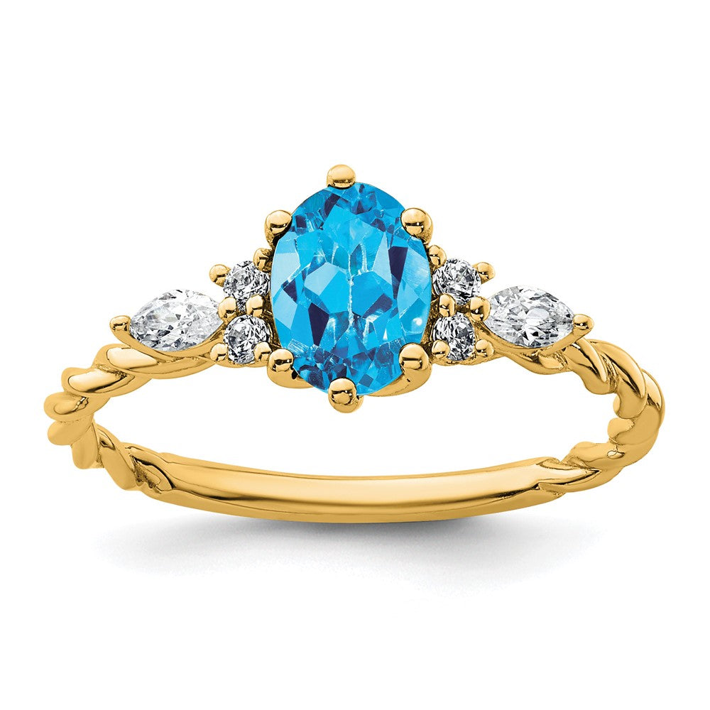 14K Yellow Gold Diamond and 7x5 Oval December/Blue Topaz Size 7 Twisted Ring