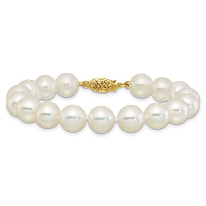 14K Yellow Gold Polished 9-10mm Round Akoya Saltwater Cultured Pearl 7 Inch Bracelet