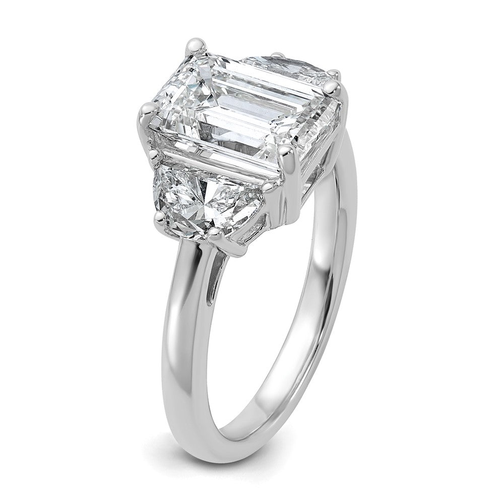 14K White Gold 1 carat Lab Grown Diamond VS+ F+ Semi Mount Emerald and Half Moon Three Stone Engagement Ring