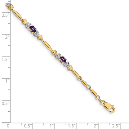 14K Yellow Gold Complete Diamond and Oval Amethyst Heart Design 7 Inch Bracelet