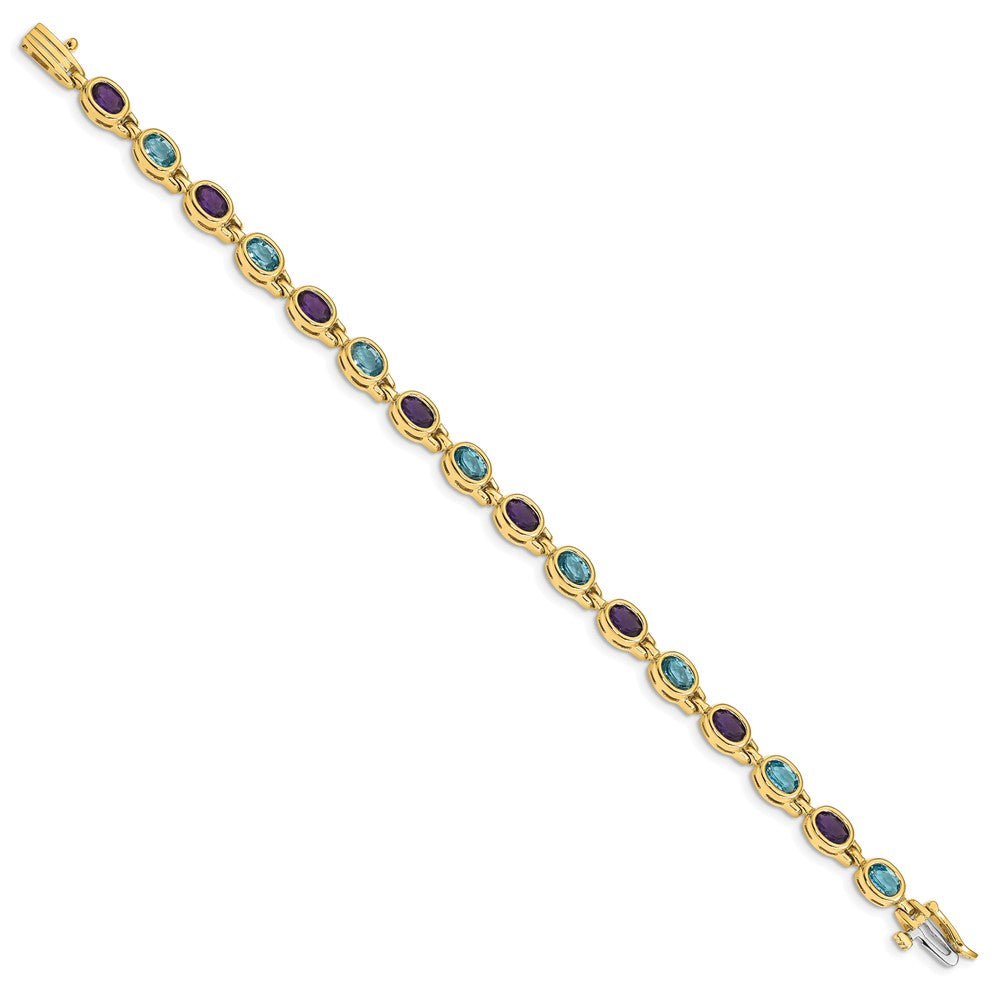 14K Yellow Gold Complete Oval Amethyst and Sky Blue Topaz Bezel-set 7 Inch Bracelet
