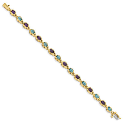 14K Yellow Gold Complete Oval Amethyst and Sky Blue Topaz Bezel-set 7 Inch Bracelet