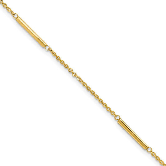 14K Yellow Gold Cable Chain and Bar 3-Station 9 Inch Plus 1 Inch Extender - Total 10 Inch Anklet