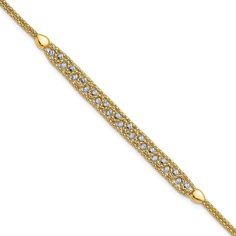 14K Two-Tone Gold Textured Diamond-cut 7mm Beaded 7.5 Inch Bracelet Plus 1 Inch Extender