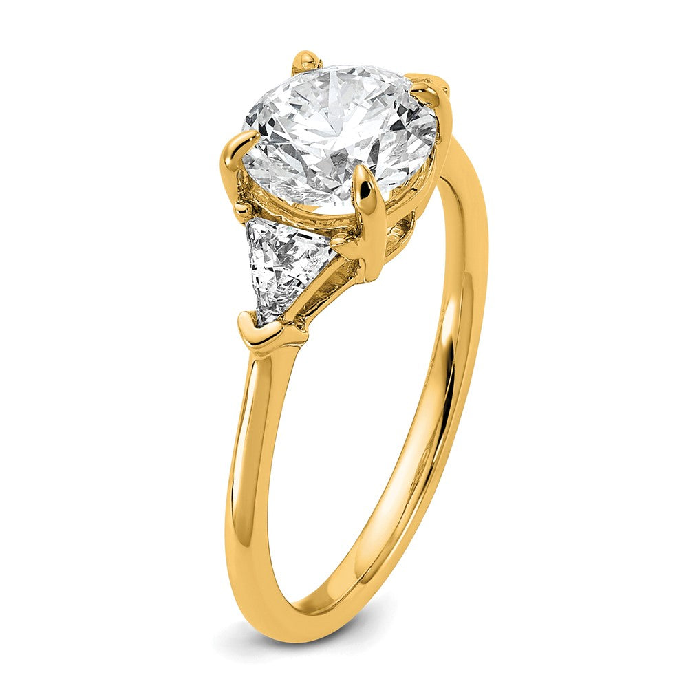 14K Yellow Gold 1/2 carat Lab Grown Diamond VS/SI+ G+ Triangle 1 1/2 carat Round Semi Mount Three Stone Engagement Ring