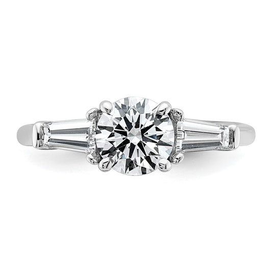 14K White Gold 1 1/2 carat Lab Grown Diamond VS+ F+ Round and Tapered Baguette Complete Three Stone Engagement Ring