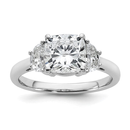14K White Gold 1/2 carat Lab Grown Diamond VS/SI+ G+ Half Moon and 2 carat Cushion Center Semi Mount Three Stone Engagement Ring