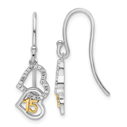 14K Two-Tone Gold Two-tone 1/10 carat Diamond Quinceanera 15 Double Heart Dangle French Hook Earrings