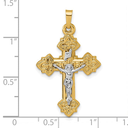 14K Yellow Gold with Rhodium Polished Fleur de Lis INRI Crucifix Cross Pendant