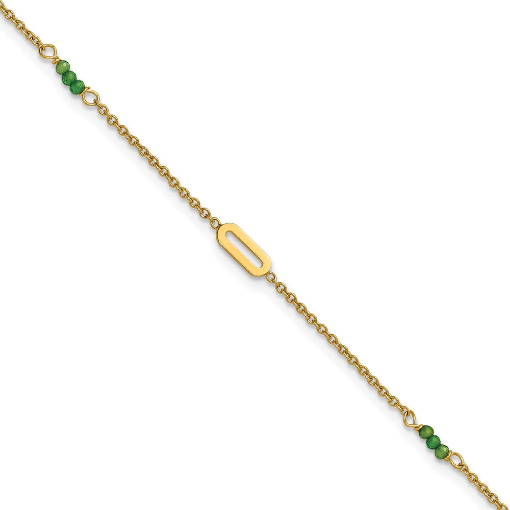 14K Yellow Gold Polished Green Zircon Beads and Ovals 9 Inch Plus 1 Inch Extender - Total 10 Inch Anklet