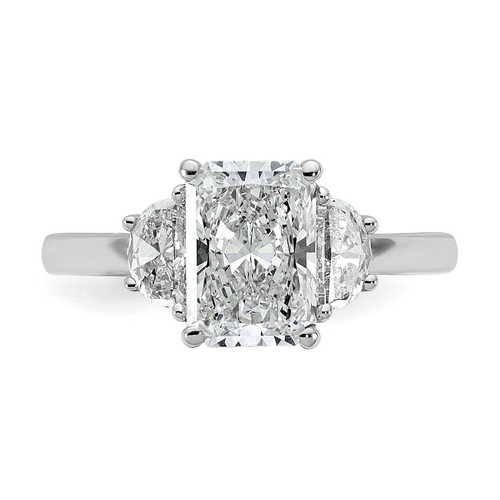 14K White Gold 2 1/2 carat Certified Lab Grown Diamond VS+ F+ Radiant and Half Moon Complete Three Stone Engagement Ring