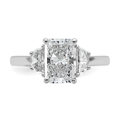 14K White Gold 2 1/2 carat Certified Lab Grown Diamond VS+ F+ Radiant and Half Moon Complete Three Stone Engagement Ring