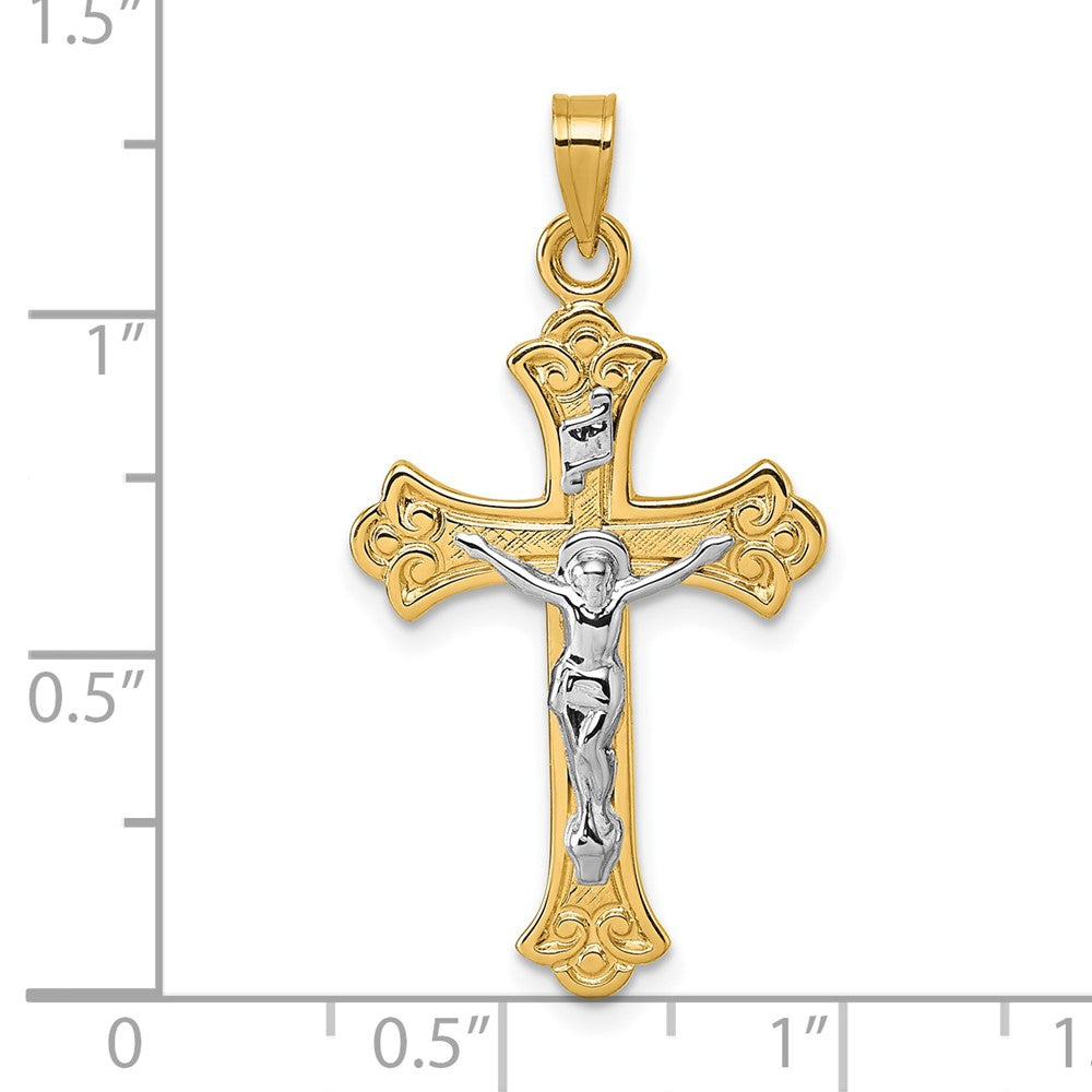 14K Yellow Gold with Rhodium Polished Fleur de Lis INRI Crucifix Cross Pendant