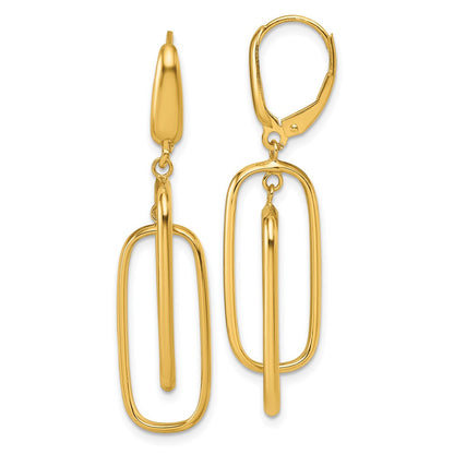 14K Yellow Gold Polished Dangle Rectangles Leverback Earrings