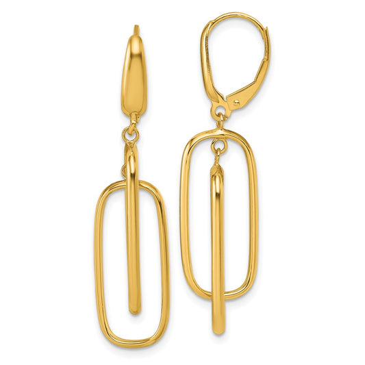 14K Yellow Gold Polished Dangle Rectangles Leverback Earrings