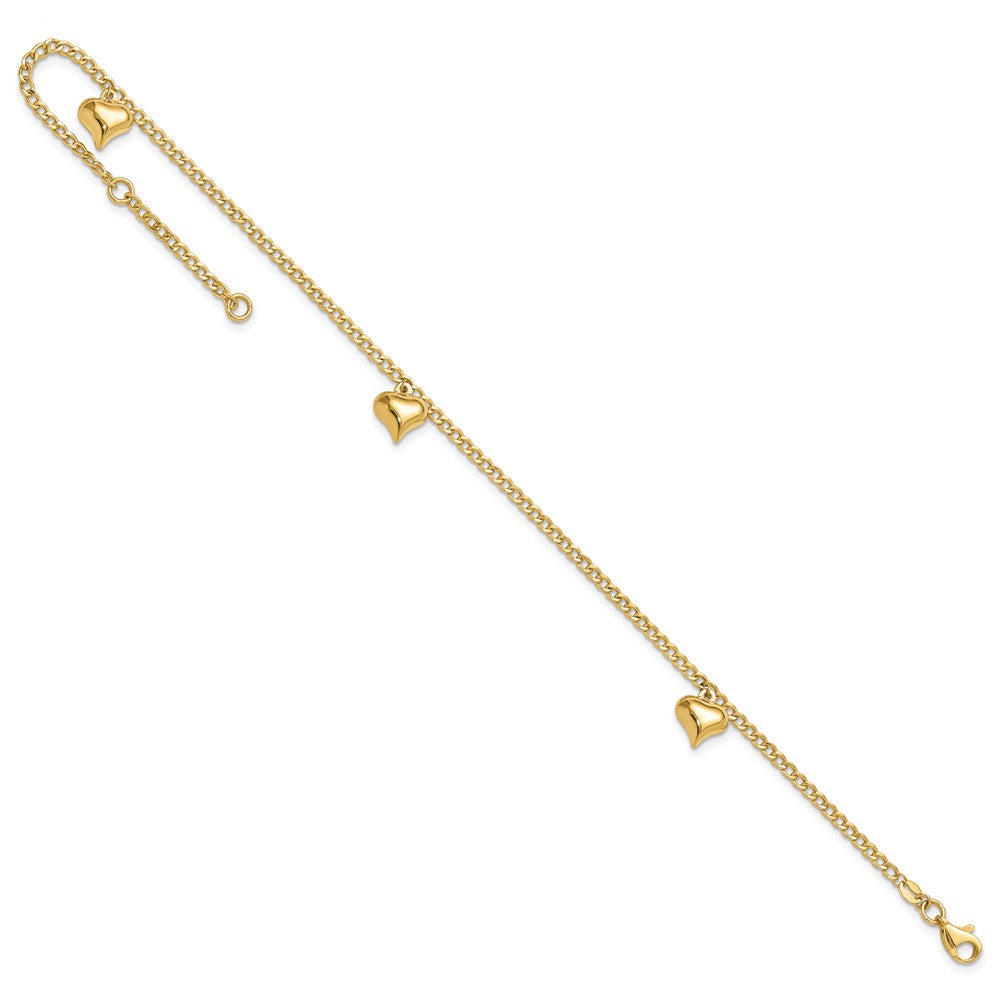 14K Yellow Gold Polished Curb Chain with 3 Puffed Heart Dangles 9 Inch Plus 1 Inch Extender - Total 10 Inch Anklet