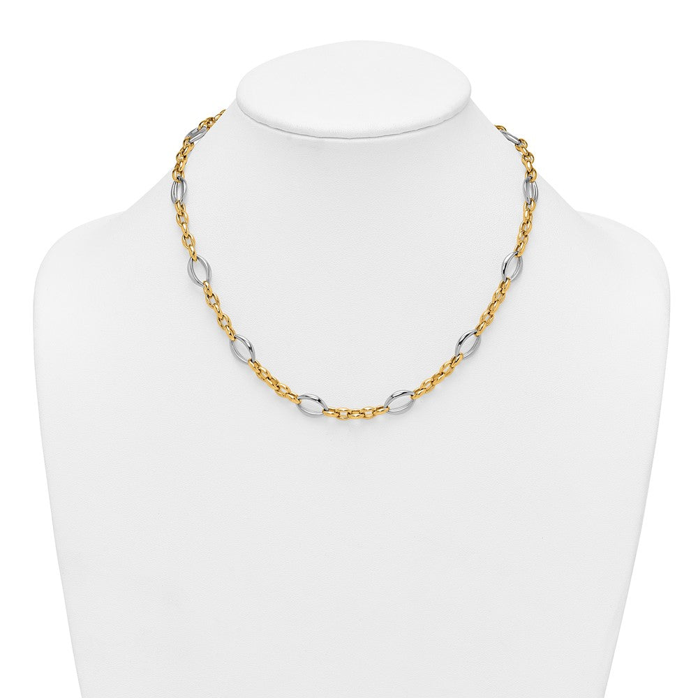 14K Two-Tone Gold Two Tone Polished Oval and Cable Chain 18 Inch Necklace