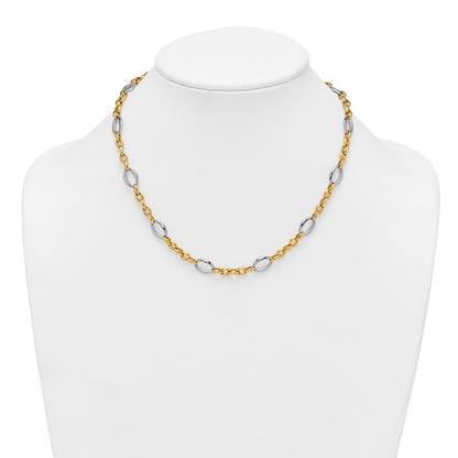 14K Two-Tone Gold Two Tone Polished Oval and Cable Chain 18 Inch Necklace