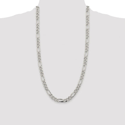 Sterling Silver Rhodium-plated 8mm Pave Flat Figaro 28 Inch Chain