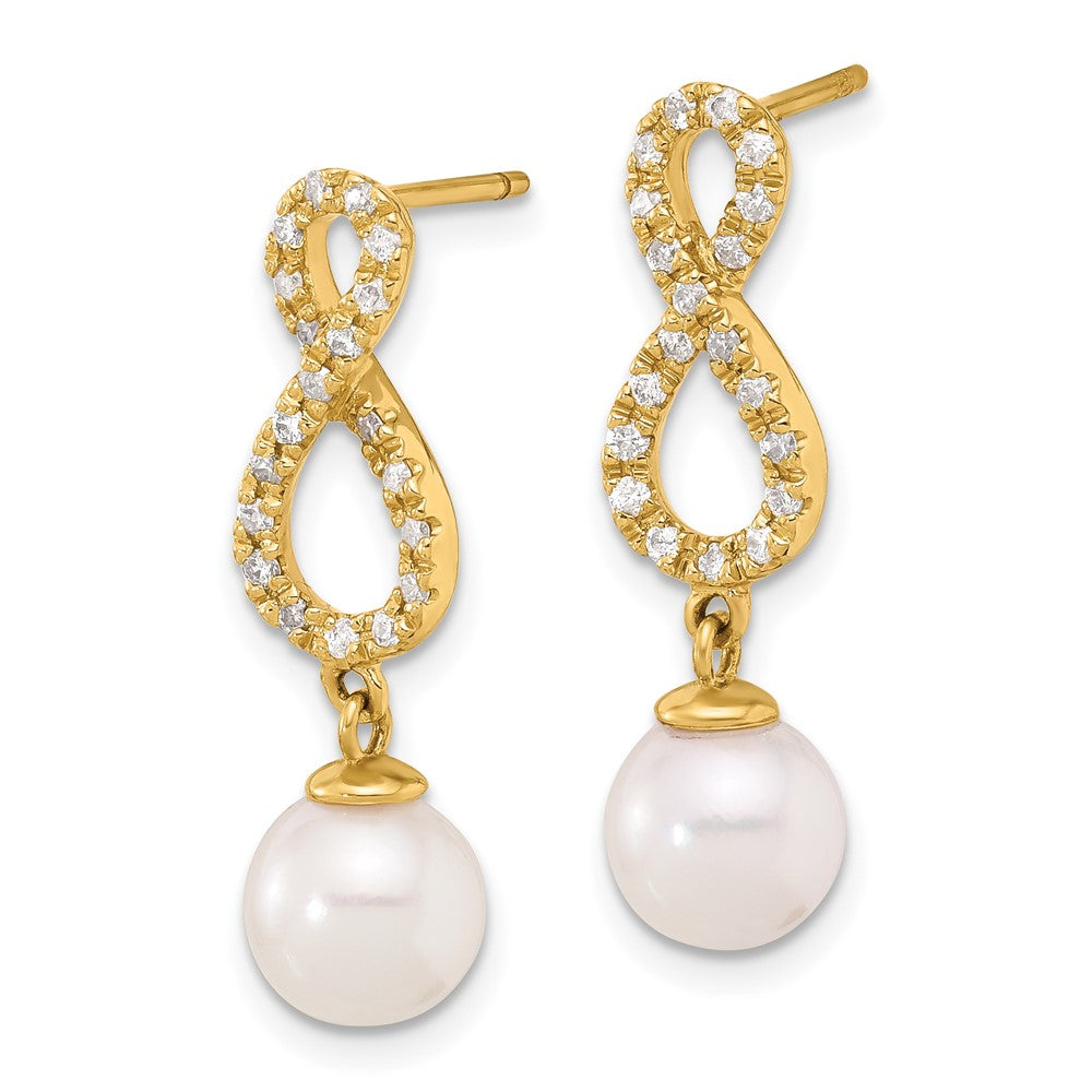 14K Yellow Gold 7-8mm Round Akoya Saltwater Cultured Pearl and .40 Carat Diamond Infinity Post Dangle Earrings