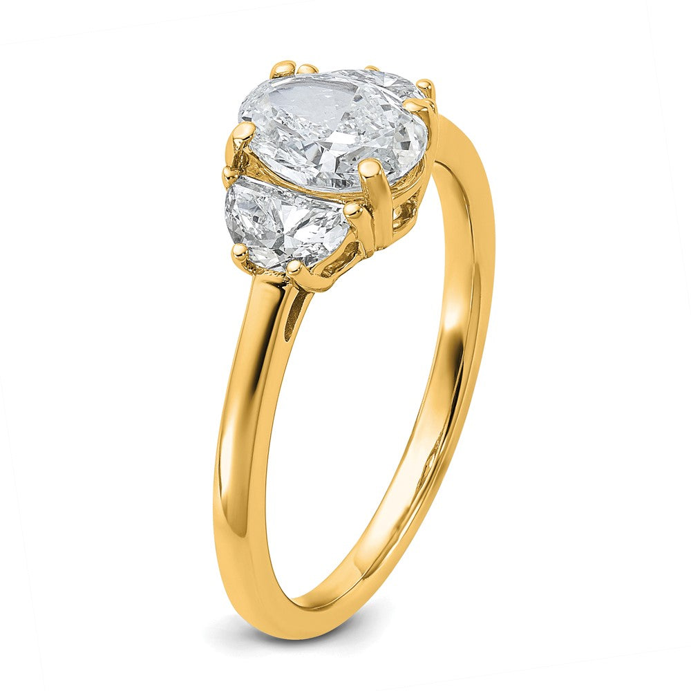 14K Yellow Gold 1 3/8 carat Certified Lab Grown Diamond VS+ F+ Complete Oval and Half Moon Three Stone Engagement Ring