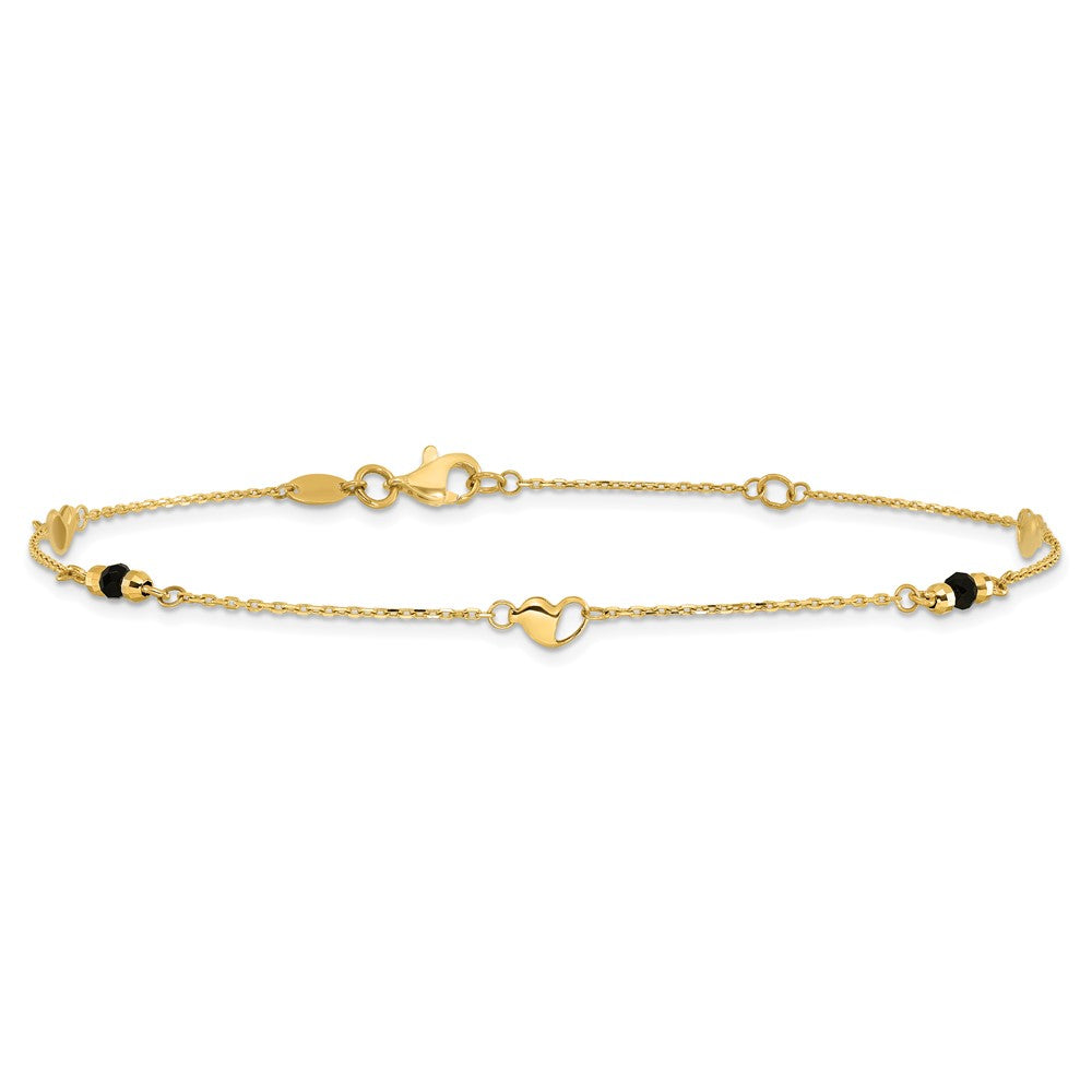14K Yellow Gold Heart and Lab Created Onyx 9 Inch Plus 1 Inch Extender - Total 10 Inch Anklet
