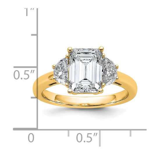 14K Yellow Gold 1/2 carat Lab Grown Diamond VS/SI+ G+ Semi Mount Emerald and Half Moon Three Stone Engagement Ring